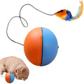 Blue and orange interactive cat toy ball with plush mouse attachment for feline exercise