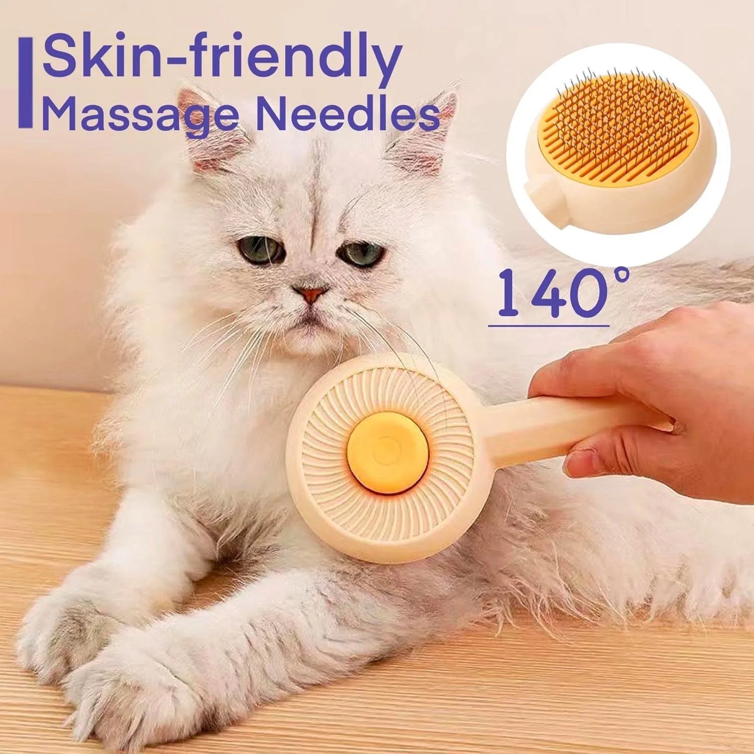 Blue and yellow pet grooming brush with metal pins and a self-cleaning button on the handle.