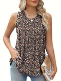Plus size women's floral print sleeveless vest in loose fit, shown in black and khaki.