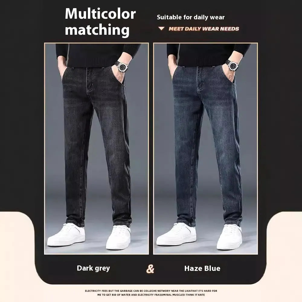Men's slim straight loose casual trousers in blue grey or black, made from thin polyester fabric with micro elasticity.