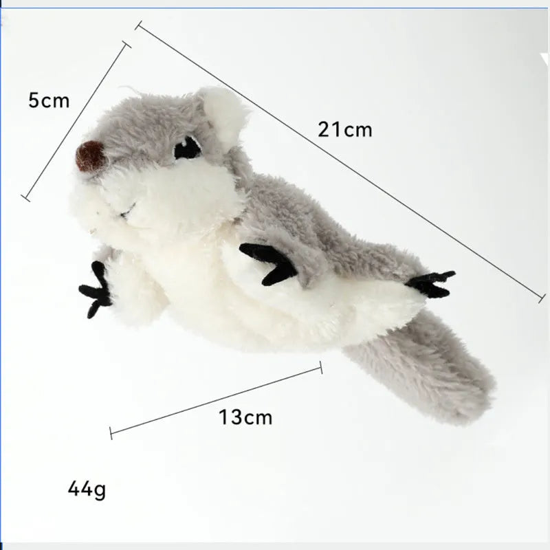 Gray flapping squirrel cat toy with electronic components and soft plush material