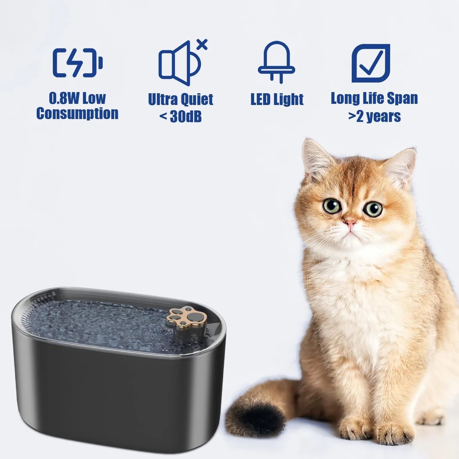 Berlin blue automatic pet water fountain with 3L capacity and LED light display on base