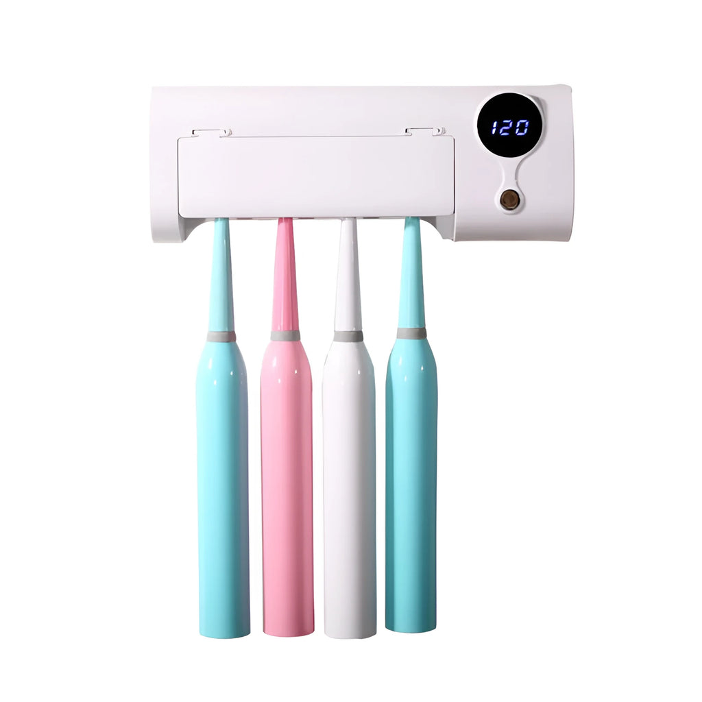 White wall-mounted toothbrush steriliser with UV disinfection and USB charging port