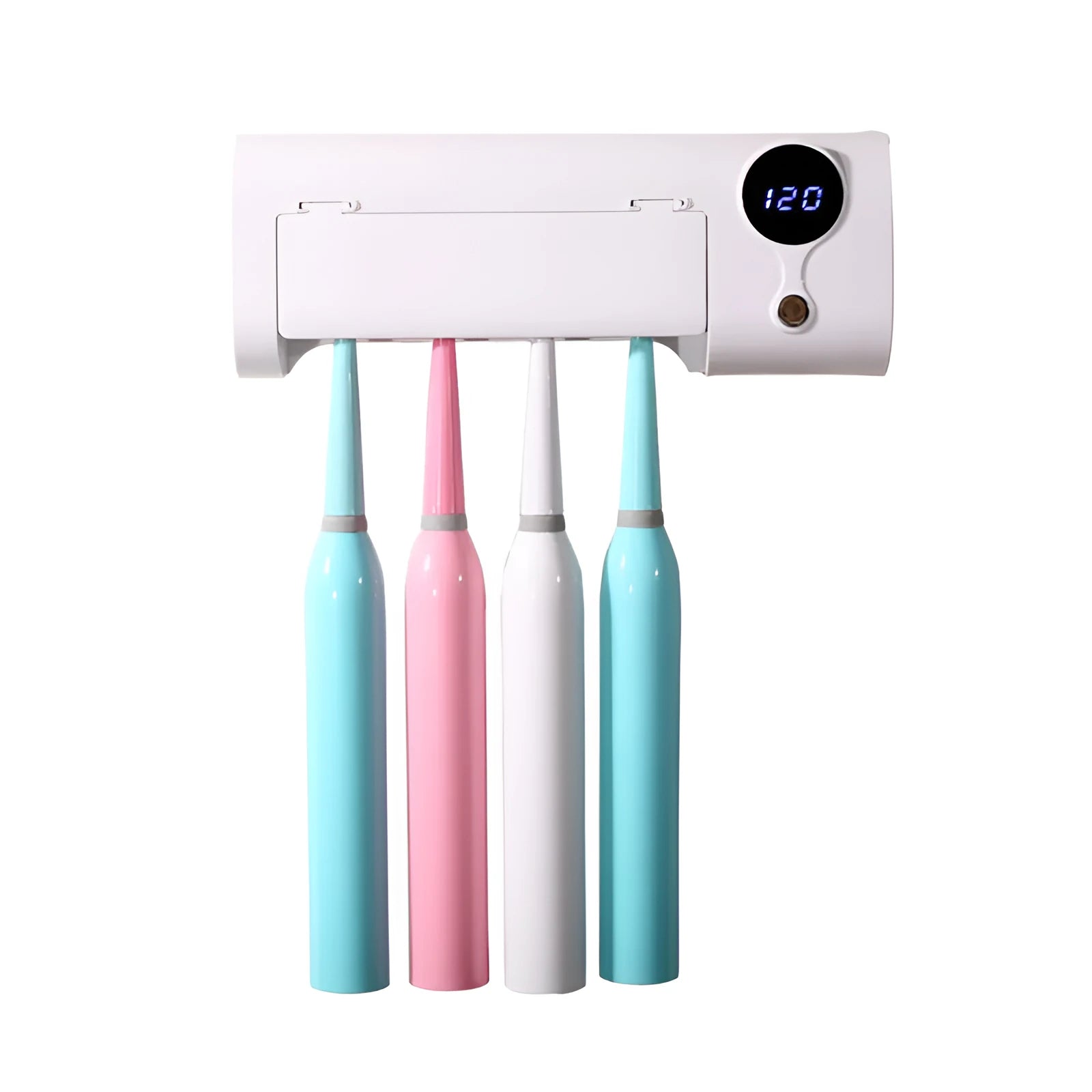 White wall-mounted toothbrush steriliser with UV disinfection and USB charging port