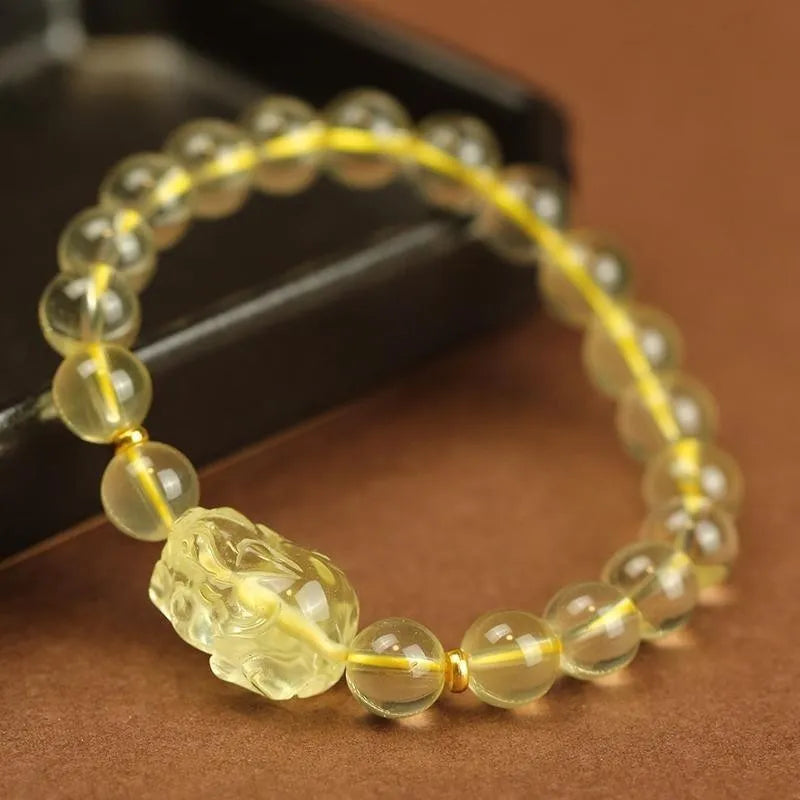 Yellow leather bracelet with artificial crystal Pi Xiu charms in Chinese national style