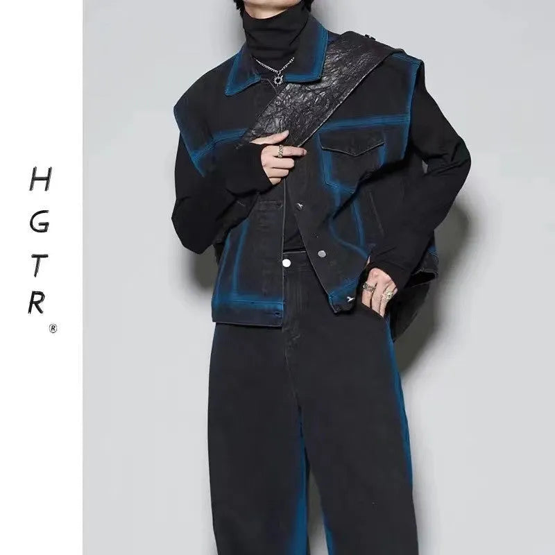 Blue distressed fleece-lined vest and jeans two-piece suit set on a model, showing spray colour gradient detail.