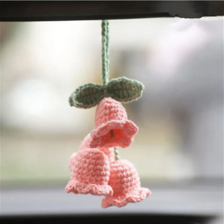Green and white knitted wool car plant decoration hanging from 25cm white rope