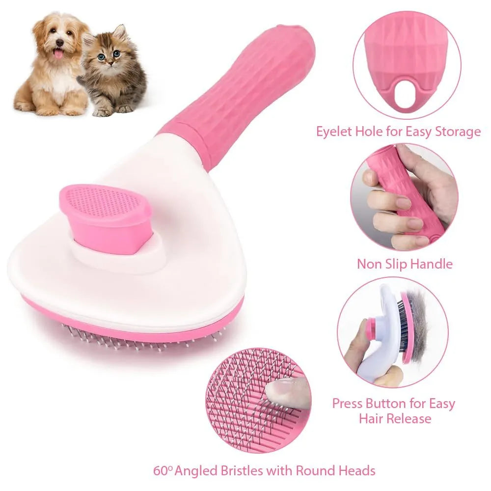 Blue cat grooming brush with a release button and fine wire bristles for pet hair removal.