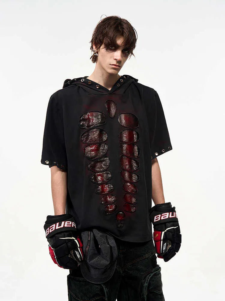 Men's black loose-fit short-sleeve T-shirt with a hood and sequin decoration