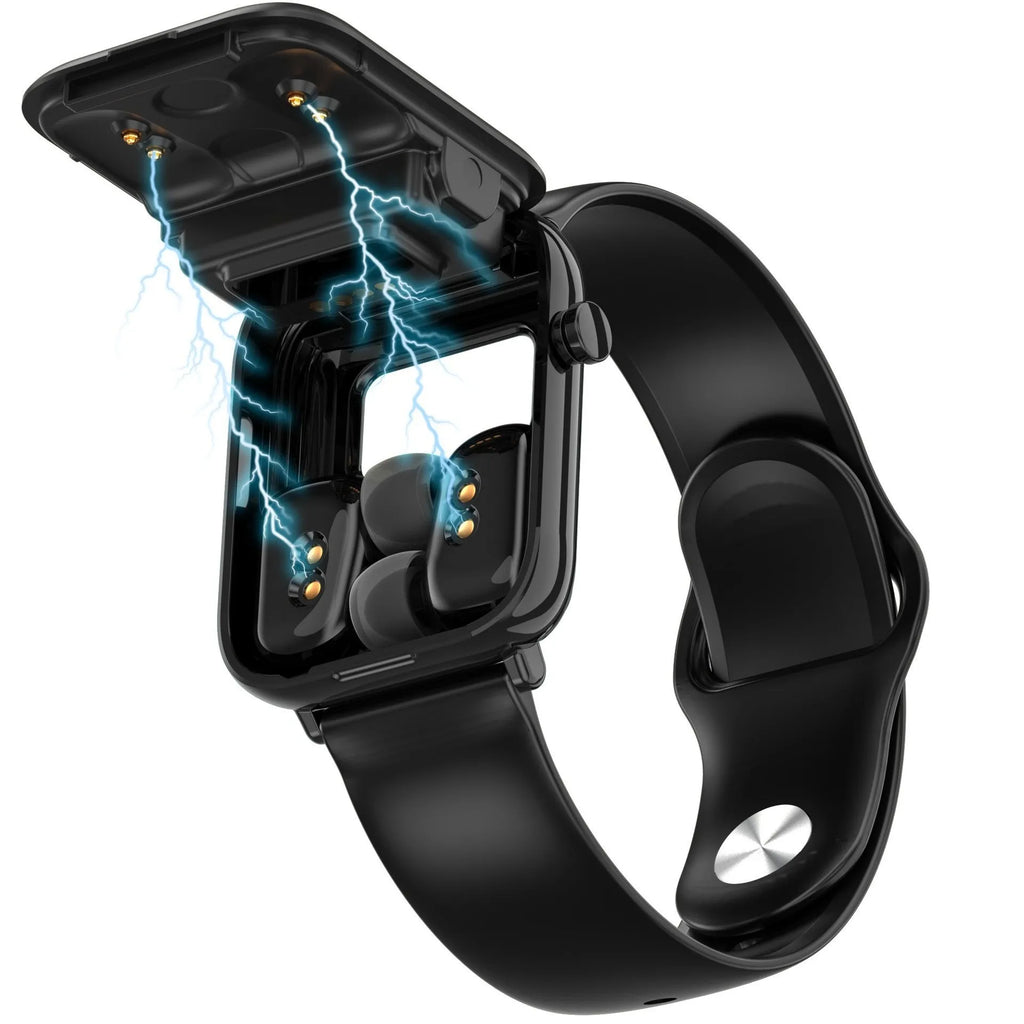 Black smart watch with touch screen and integrated Bluetooth headset on wrist