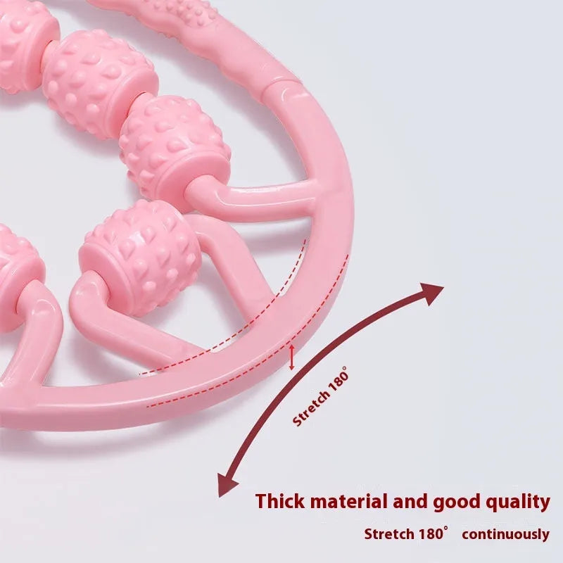 Handheld leg massage roller with ring clip showing 12 wheel configuration in macaron pink colour