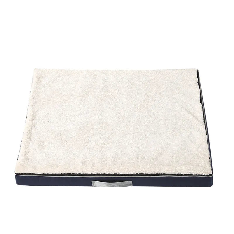 Plush memory foam dog bed with washable cover and nonslip base, available in coffee, dark gray, khaki, and white.