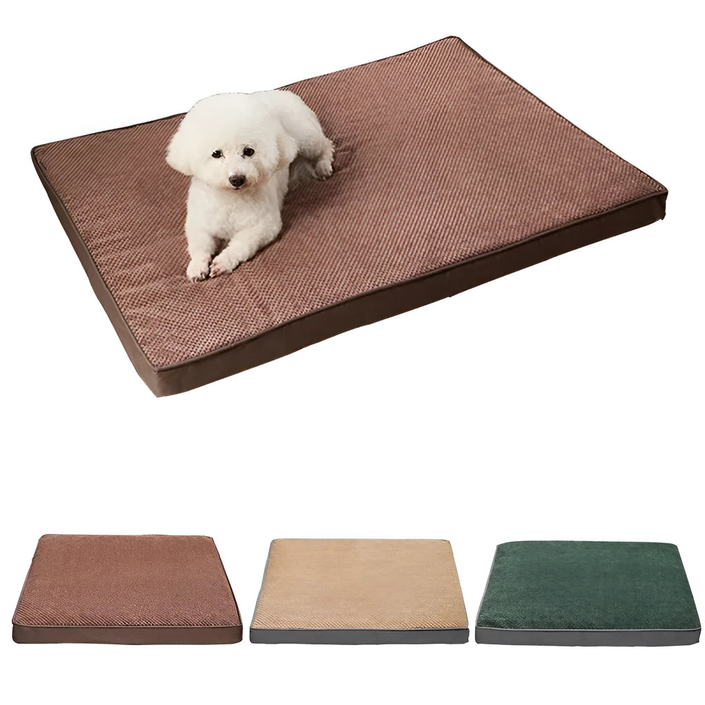 Pet memory foam mat with removable cover in Coffee, GRAY, Green, or Khaki, available in S, M, L, and XL sizes