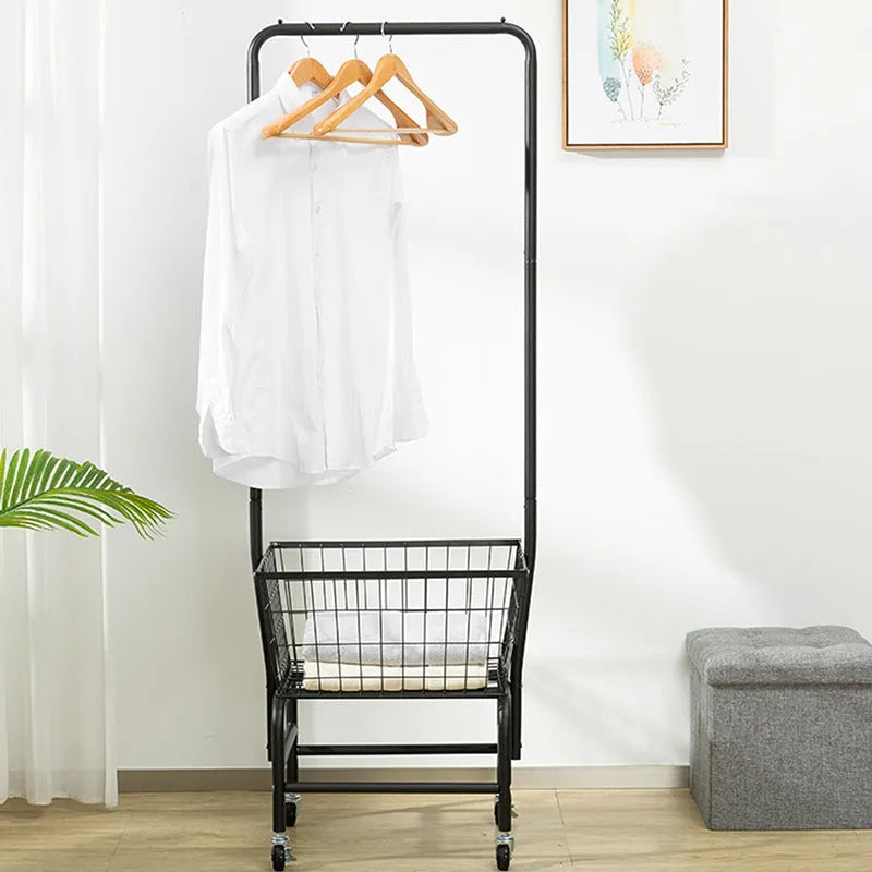 White single rod iron pulley storage car on wheels holding clothes hangers.