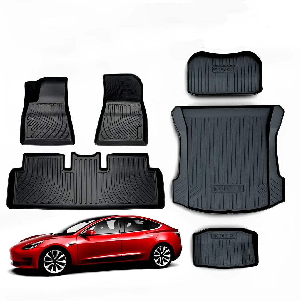 Custom fit rubber and TPE floor mats for Tesla Model 3 Model Y Model S Model X 2023 showing trunk and footwell coverage
