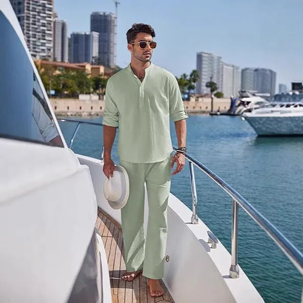 Men's cotton casual suit with long sleeve top and trousers in solid colours