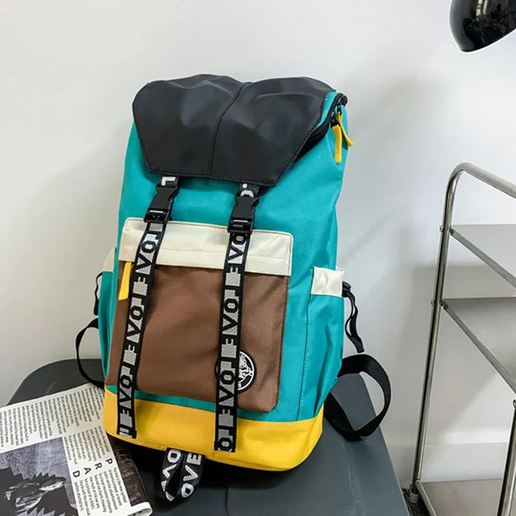 Oxford cloth backpack for junior high students in black, green or red with three carrying options.