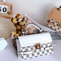 PU leather crossbody bag with small square ethnic pattern design showing file bag interior organisation