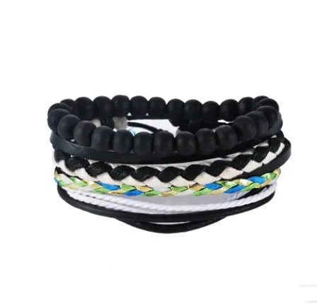 Handmade adjustable leather wrap bracelet with wooden bead on woven cowhide, hemp, and wax ropes.