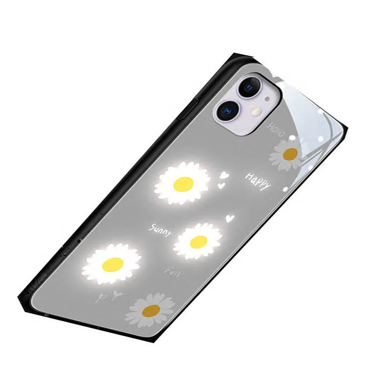Luminous voice-activated iPhone case with painted daisy design in purple colour for Apple iPhone models.