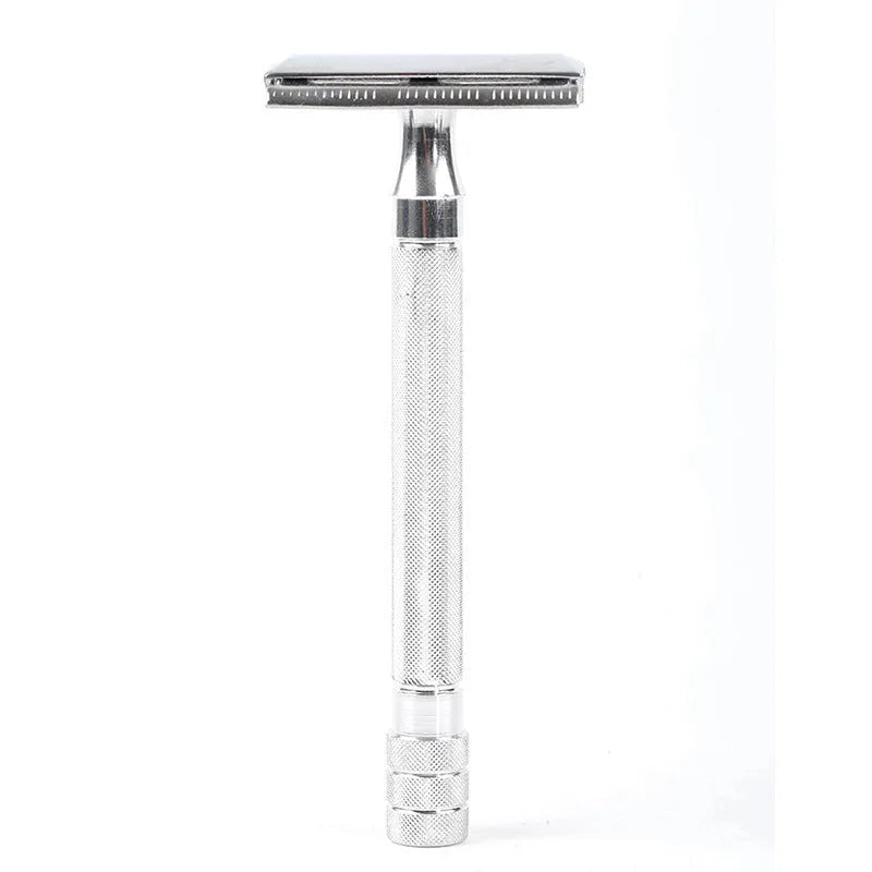 Traditional manual safety razor with natural bristle brush shaving set in black or silver finish