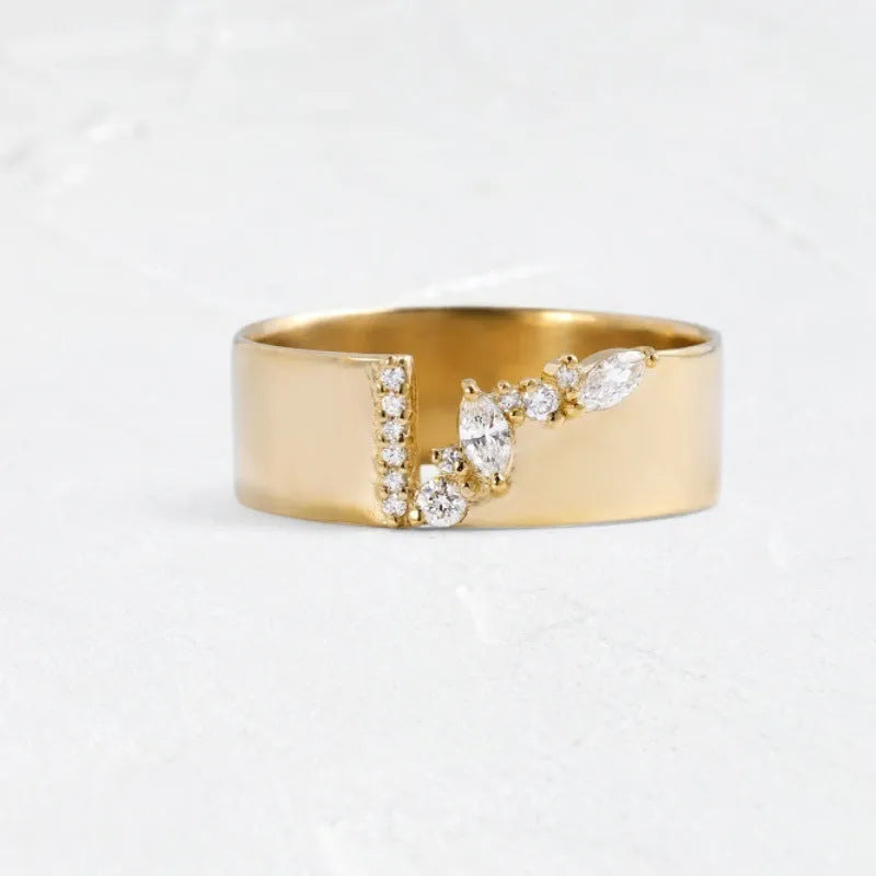 Gold colour zircon ring with electroplated finish on copper base, available in UK sizes 6-10