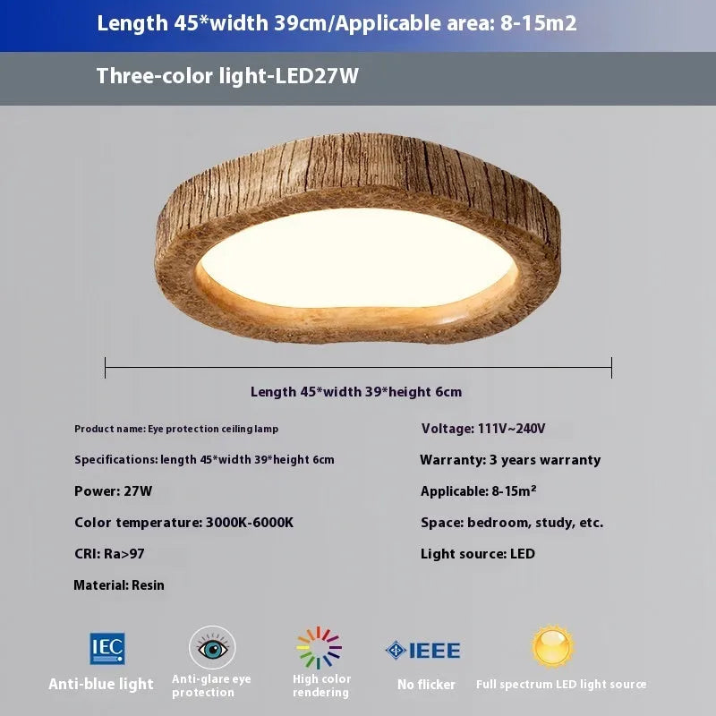 Round wood grain finish ceiling lamp in new Chinese style, showing three size options