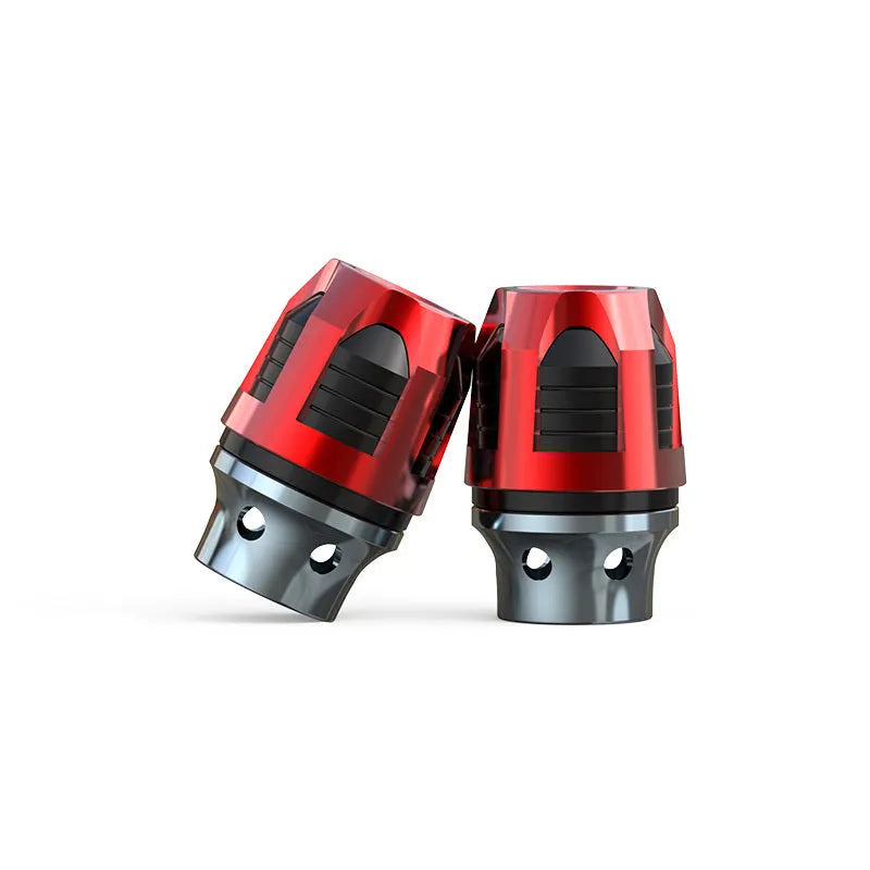 Pair of CNC-machined aluminium alloy fork cups for electric car or motorcycle front axle.