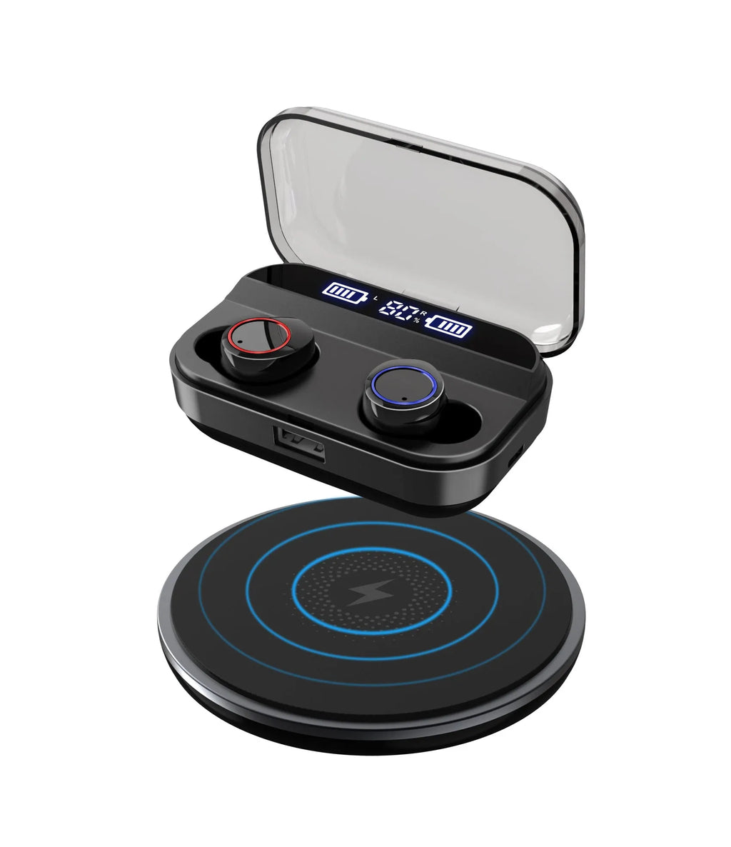 Black X11 wireless Bluetooth earbuds and charging case with silicone ear tips on a white background.