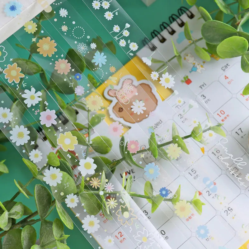 Five rolls of transparent adhesive tape with midsummer daisy cartoon pattern on clear PET polyester