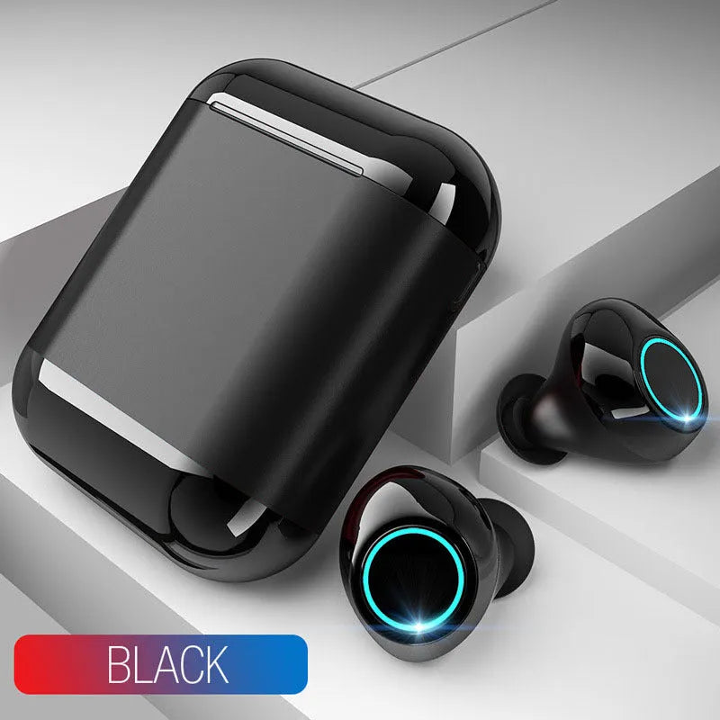 Black TWS Bluetooth wireless earpluds with charging case on a grey background.