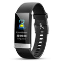 V19 smart health monitoring bracelet in black, blue, or red colours showing its display and TPU wrist strap.
