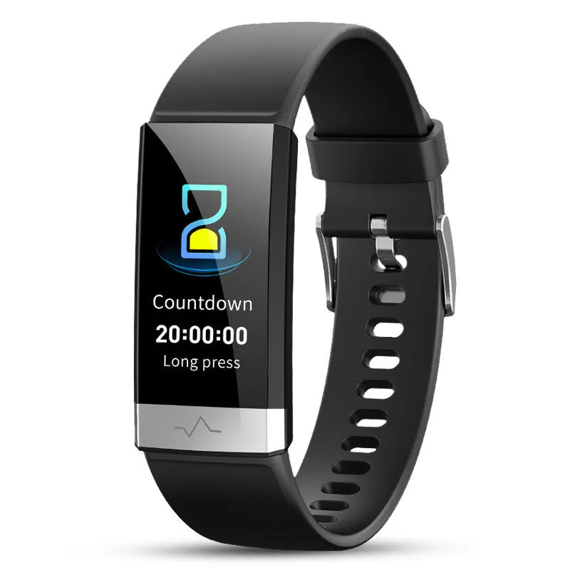 V19 smart health monitoring bracelet in black, blue, or red colours showing its display and TPU wrist strap.