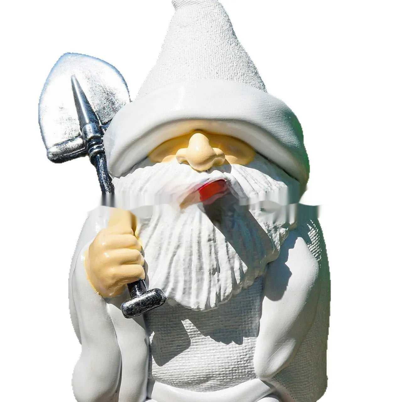 Close-up of a smoking shovel dwarf resin Christmas ornament with pipe, for garden or tree decoration.