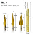 Cone drill bit and centre punch set with high-speed steel step drills in a case, colour-coded options shown.