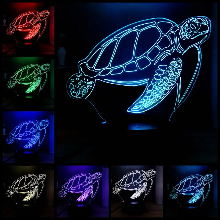 3D acrylic LED turtle night light showing colour-changing glow and remote control