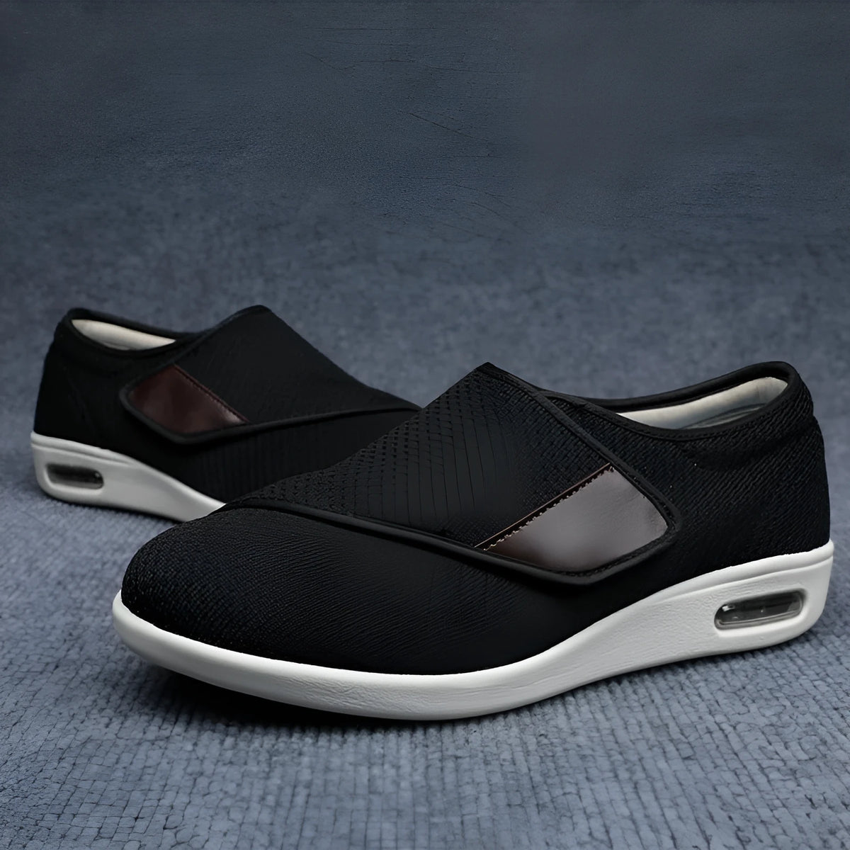 Beige leisure shoes with velcro fastening and widened round toe design