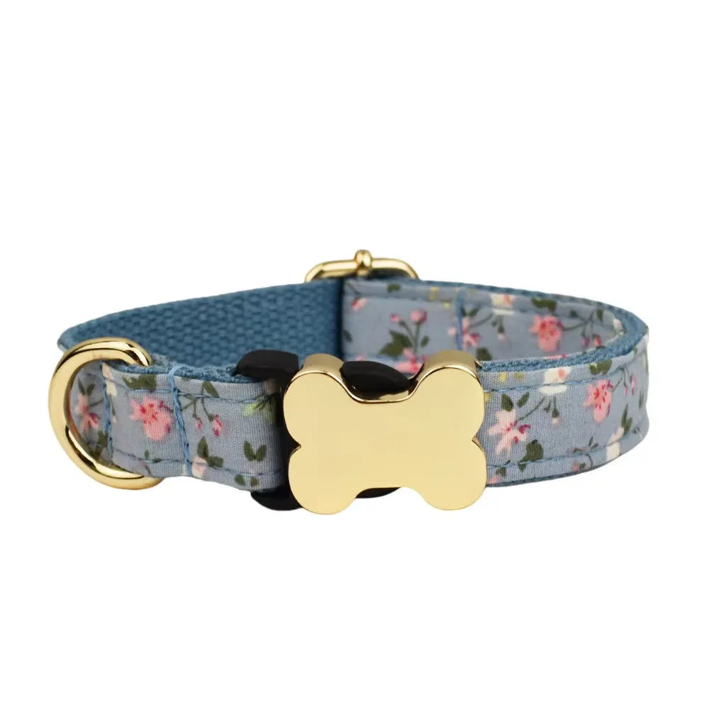 Flat fabric printed grid nylon dog collar with bone buckle in various colours and sizes