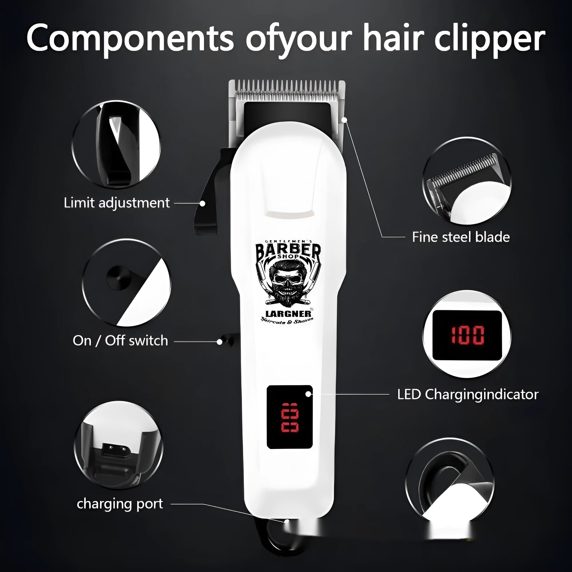 Rechargeable hair clipper with USB cable and set of four stainless steel cutter heads on a white background