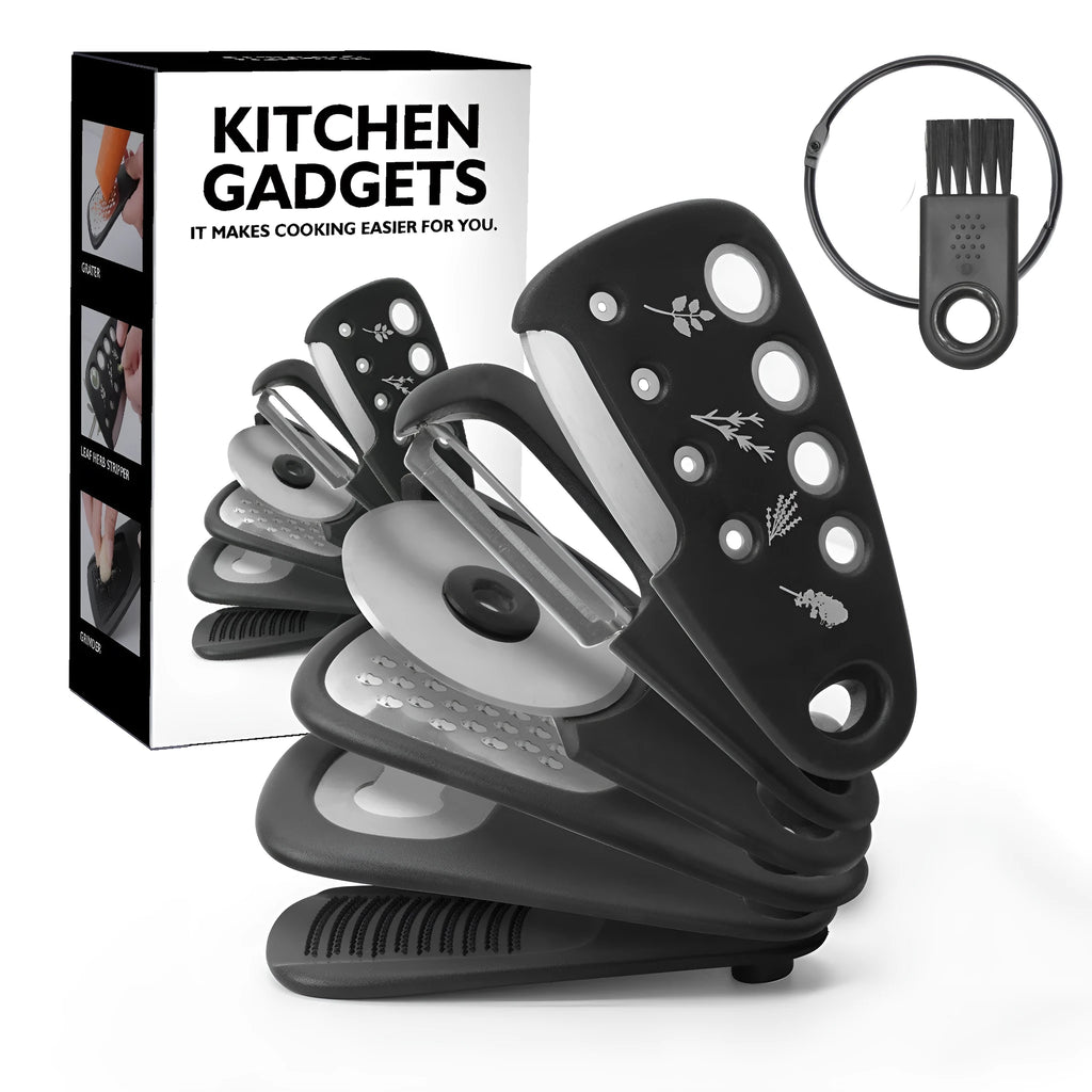 Modern six-piece kitchen utensil set with stainless steel heads and a cleaning brush in a colour box.