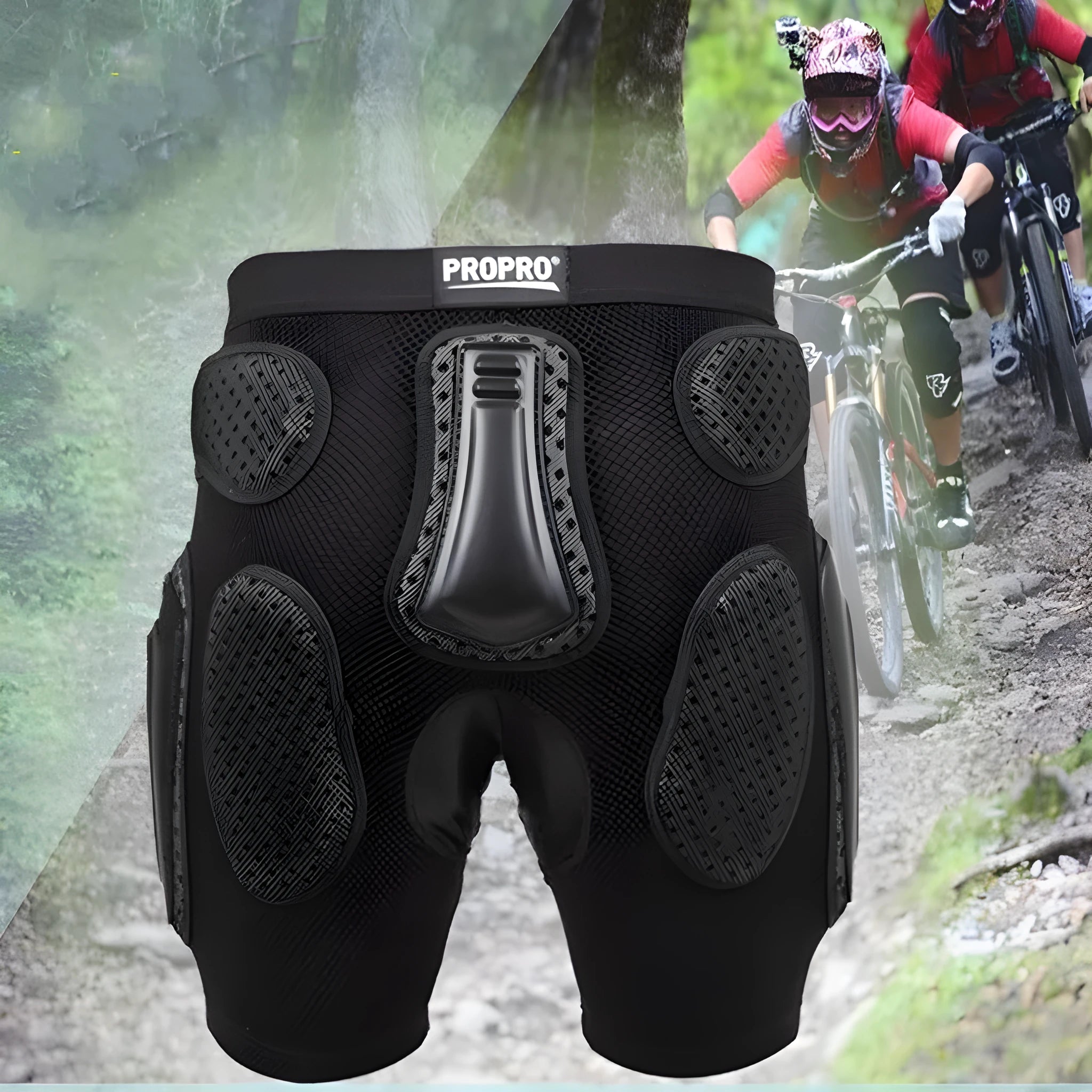 Black cycling hip protection pants with removable gel pads and adjustable leg length system