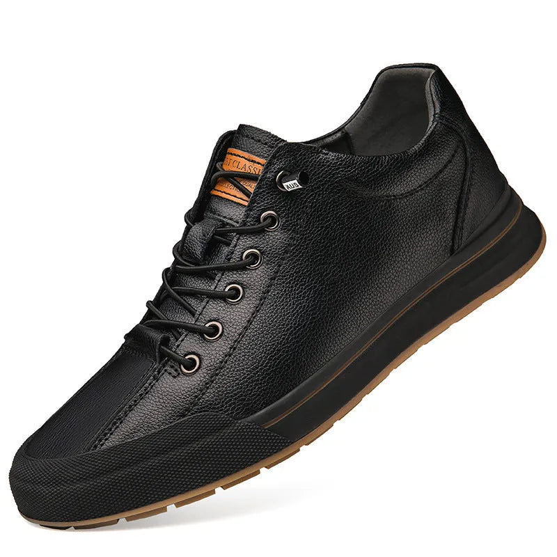 Men's white matte leather casual shoes with round toe and 6cm flat sole available in hollow-out and fleece-lined variants