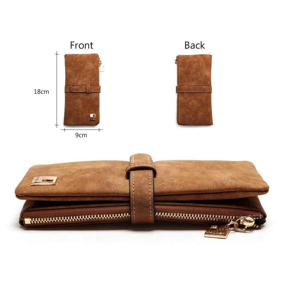 Women's retro matte PU leather long wallet with zipper closure showing interior compartments
