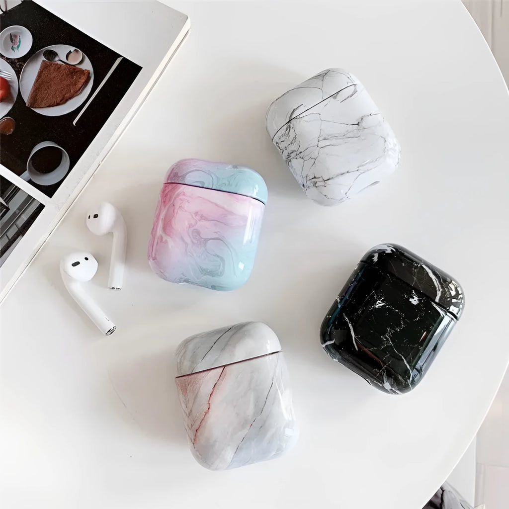 White Marble hard PC protective case cover for Apple AirPods 1 and 2 charging box.