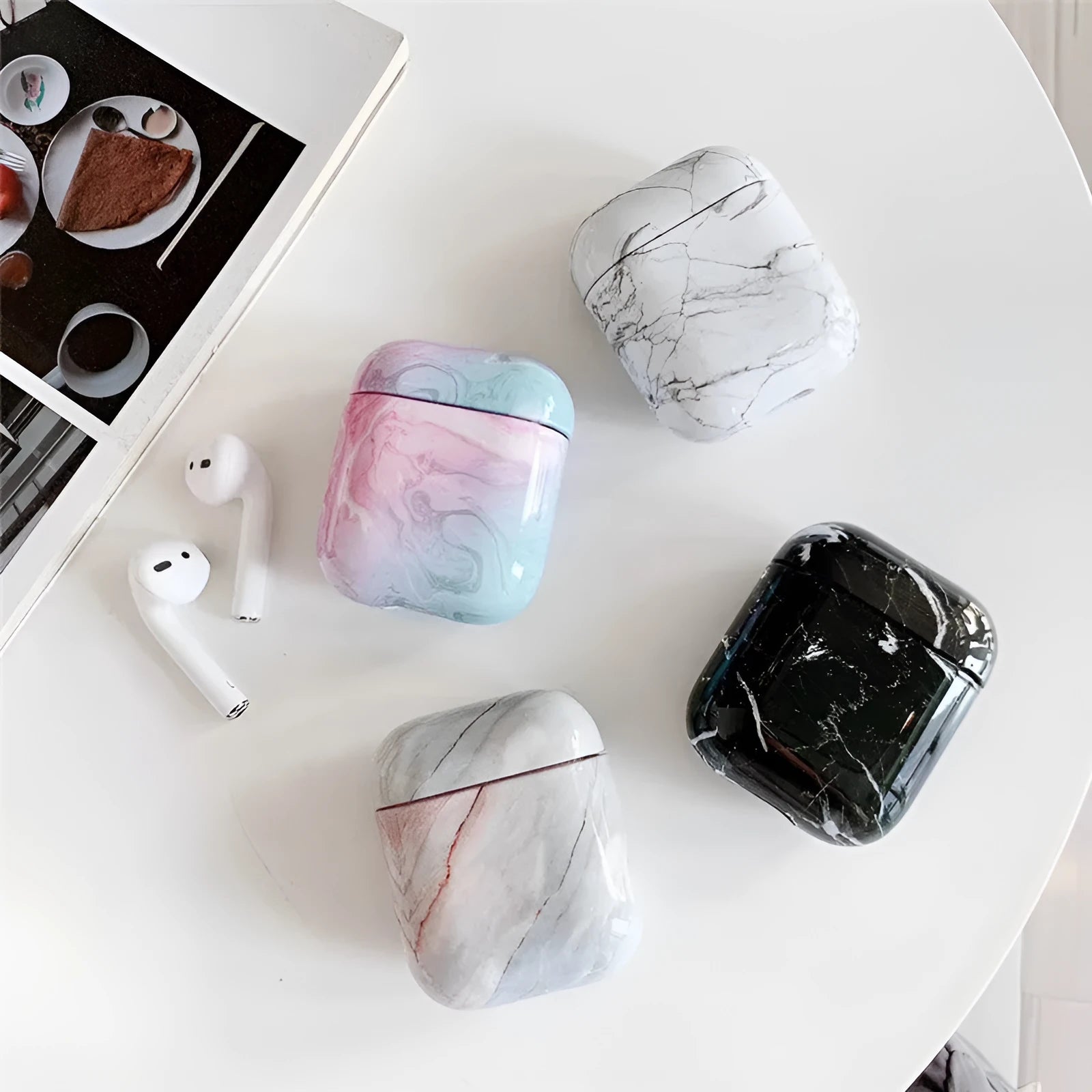 White Marble hard PC protective case cover for Apple AirPods 1 and 2 charging box.