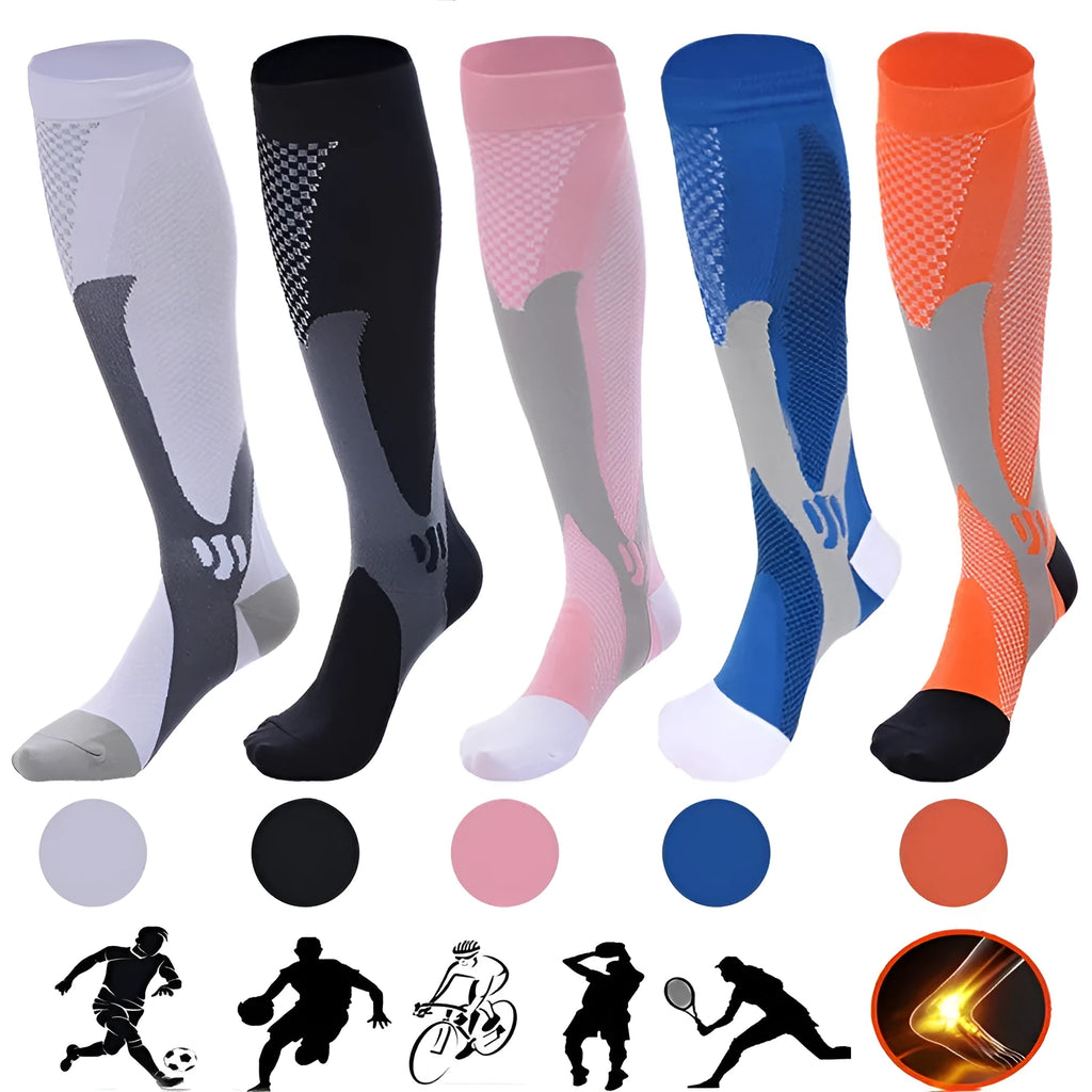 Graduated compression socks for men and women in black, blue, orange, pink, and white colour options