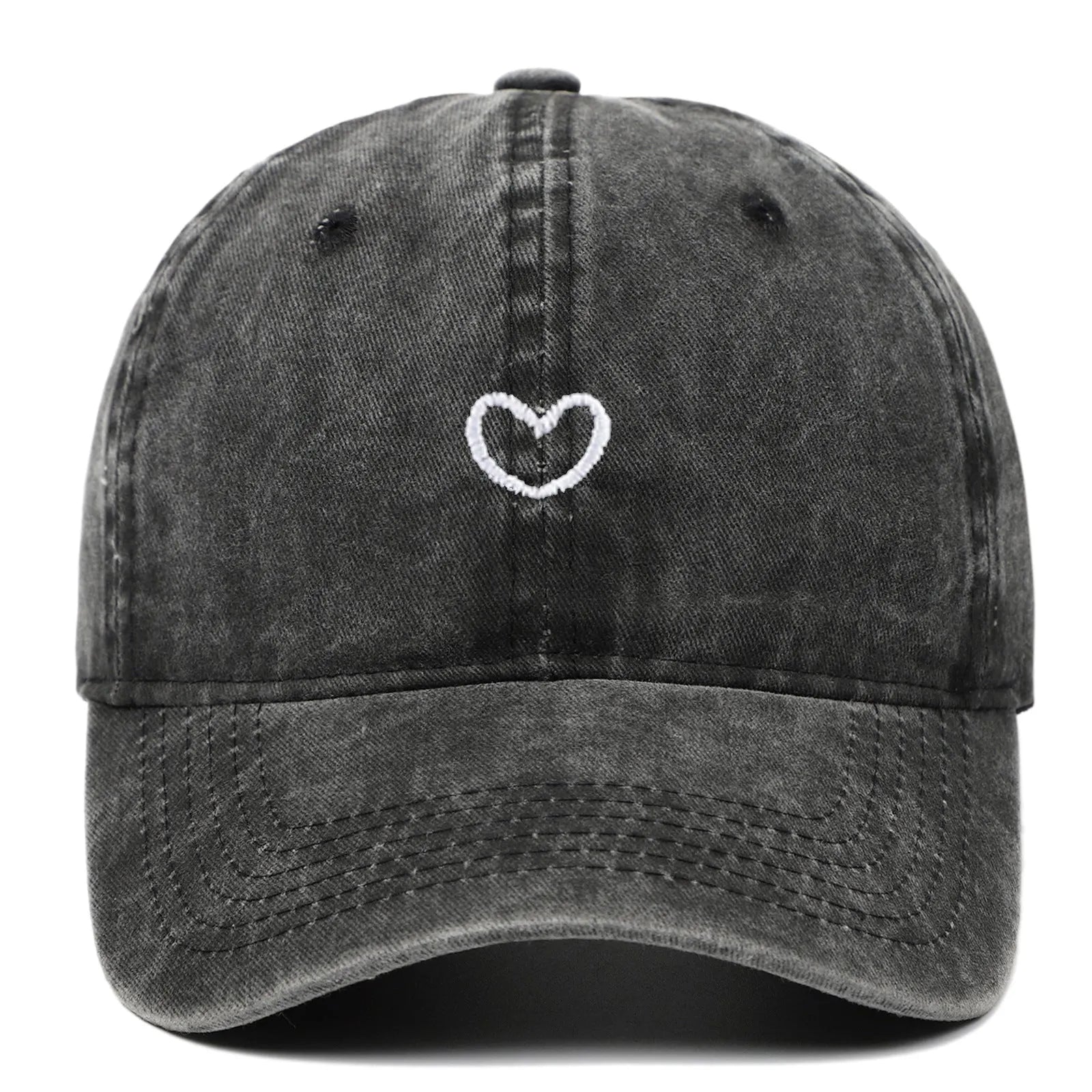 Retro-style cotton baseball cap with embroidered 'love' word, shown in an adjustable size.