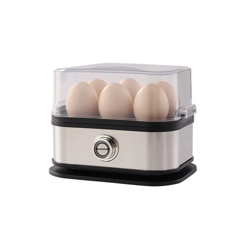 Black stainless steel portable egg boiler with a carry belt.