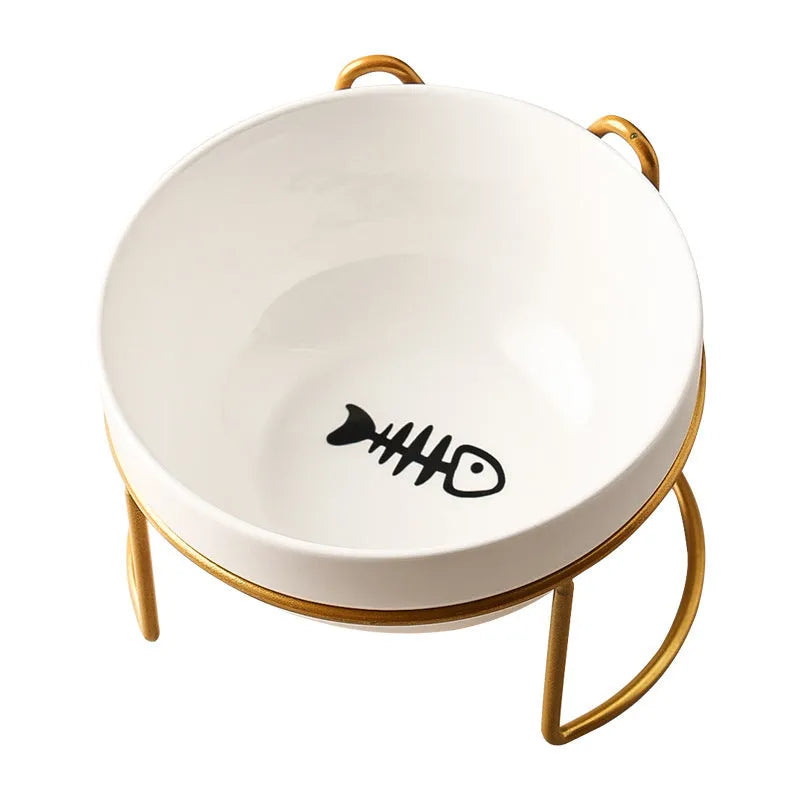 Ceramic pet bowl with iron frame featuring cat footprints pattern