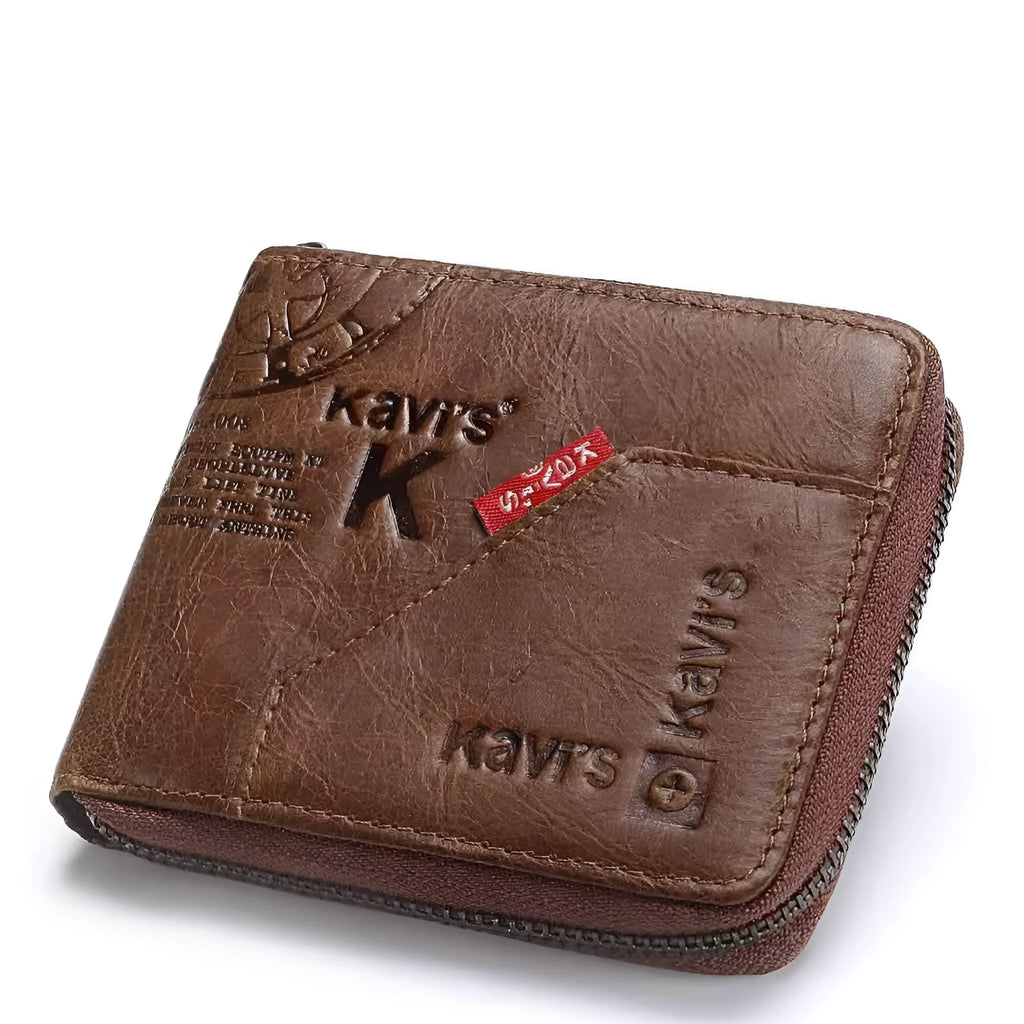 Men's soft brown leather wallet with a zipper, open to show multiple card slots, a banknote section, and a coin compartment.
